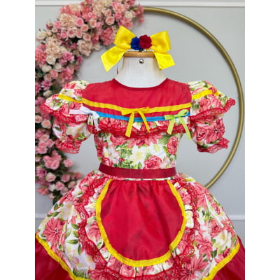 Vestido Infantil Junino Arraiá Vermelho Colorido Florzinhas