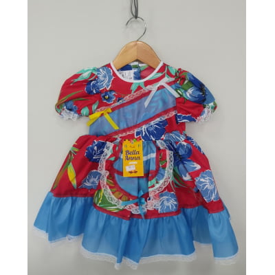 Vestido Infantil Junino Arraiá Vermelho e Azul Colorido