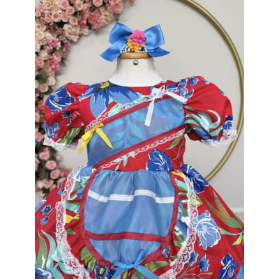 Vestido Infantil Junino Arraiá Vermelho e Azul Colorido