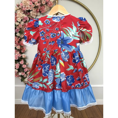 Vestido Infantil Junino Arraiá Vermelho e Azul Colorido