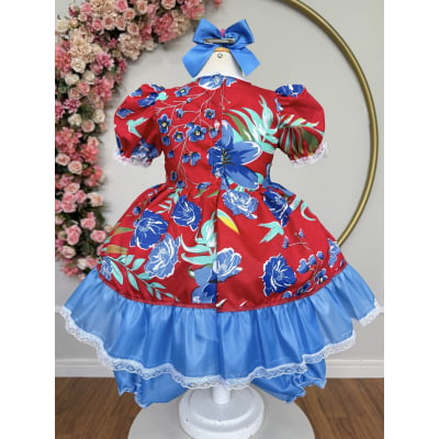 Vestido Infantil Junino Arraiá Vermelho e Azul Colorido