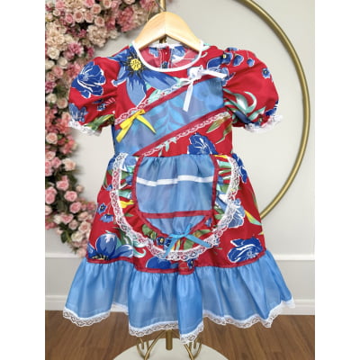Vestido Infantil Junino Arraiá Vermelho e Azul Colorido