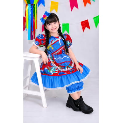 Vestido Infantil Junino Arraiá Vermelho e Azul Colorido Vestido Infantil Junino Arraiá Vermelho e Azul Colorido
