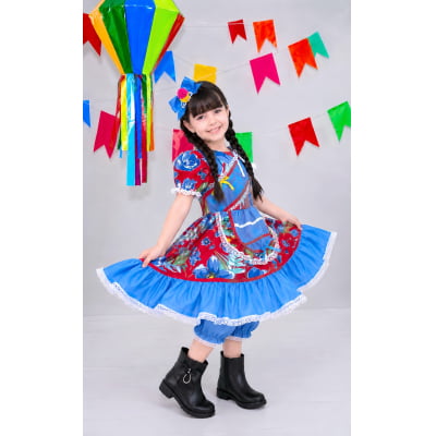 Vestido Infantil Junino Arraiá Vermelho e Azul Colorido