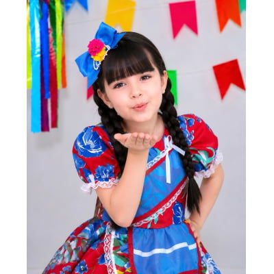Vestido Infantil Junino Arraiá Vermelho e Azul Colorido