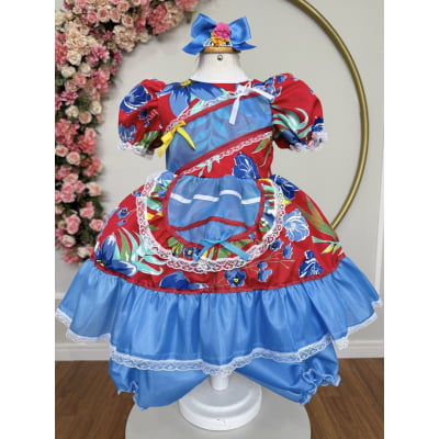 Vestido Infantil Junino Arraiá Vermelho e Azul Colorido