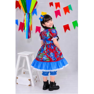 Vestido Infantil Junino Arraiá Vermelho e Azul Colorido