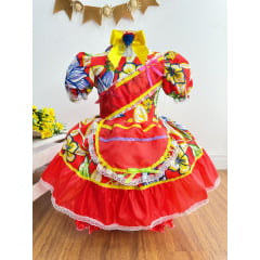 Vestido Infantil Junino Arraiá Vermelho Florzinhas Coloridas