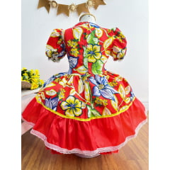 Vestido Infantil Junino Arraiá Vermelho Florzinhas Coloridas