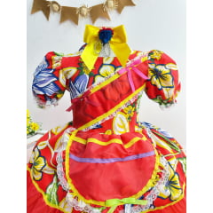Vestido Infantil Junino Arraiá Vermelho Florzinhas Coloridas