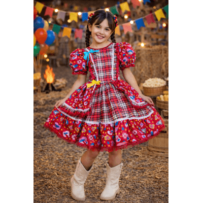 Vestido Infantil Junino Arraiá Vermelho Xadrez Colorido Florzinhas