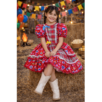 Vestido Infantil Junino Arraiá Vermelho Xadrez Colorido Florzinhas