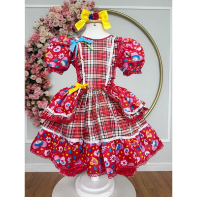 Vestido Infantil Junino Arraiá Vermelho Xadrez Colorido Florzinhas