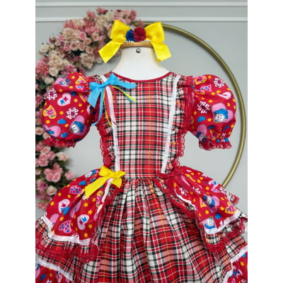 Vestido Infantil Junino Arraiá Vermelho Xadrez Colorido Florzinhas