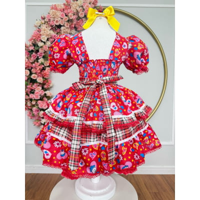 Vestido Infantil Junino Arraiá Vermelho Xadrez Colorido Florzinhas
