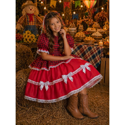 Vestido Infantil Junino Arraiá Vermelho Xadrez Laços e Rendas