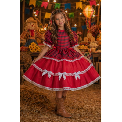 Vestido Infantil Junino Arraiá Vermelho Xadrez Laços e Rendas