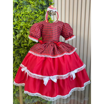 Vestido Infantil Junino Arraiá Vermelho Xadrez Laços e Rendas