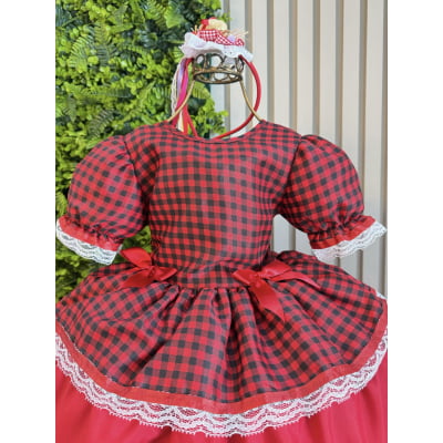 Vestido Infantil Junino Arraiá Vermelho Xadrez Laços e Rendas