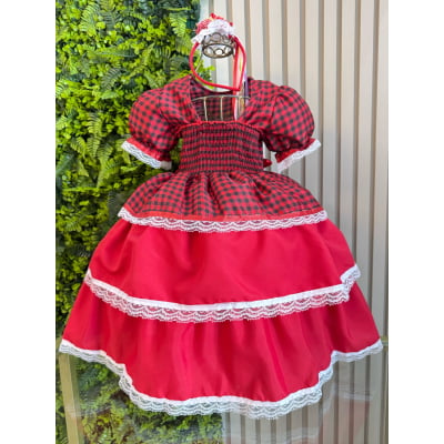 Vestido Infantil Junino Arraiá Vermelho Xadrez Laços e Rendas