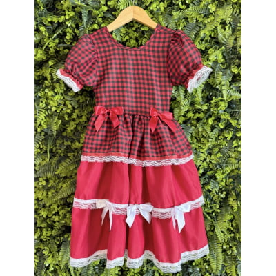 Vestido Infantil Junino Arraiá Vermelho Xadrez Laços e Rendas