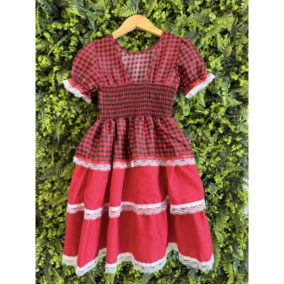 Vestido Infantil Junino Arraiá Vermelho Xadrez Laços e Rendas