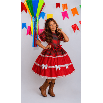Vestido Infantil Junino Arraiá Vermelho Xadrez Laços e Rendas Vestido Infantil Junino Arraiá Vermelho Xadrez Laços e Rendas