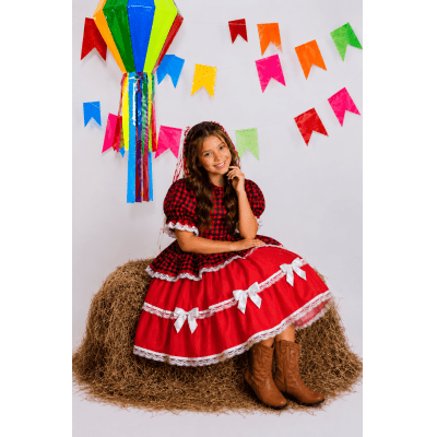 Vestido Infantil Junino Arraiá Vermelho Xadrez Laços e Rendas