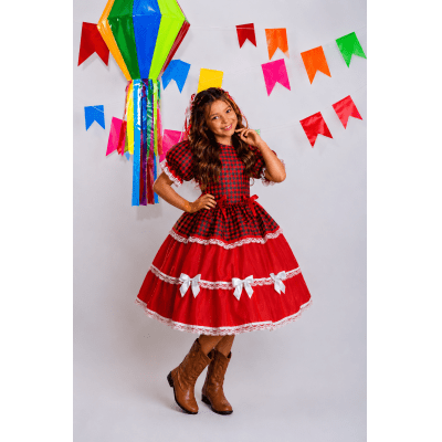 Vestido Infantil Junino Arraiá Vermelho Xadrez Laços e Rendas
