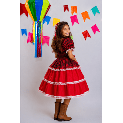 Vestido Infantil Junino Arraiá Vermelho Xadrez Laços e Rendas