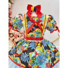 Vestido Infantil Junino Arrraiá Azul Com Estampa Colorida