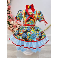 Vestido Infantil Junino Arrraiá Azul Com Estampa Colorida