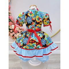 Vestido Infantil Junino Arrraiá Azul Com Estampa Colorida