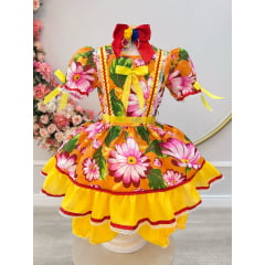 Vestido Infantil Junino Arrraiá Laranja Com Estampa Colorida