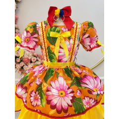 Vestido Infantil Junino Arrraiá Laranja Com Estampa Colorida
