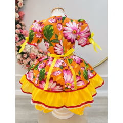 Vestido Infantil Junino Arrraiá Laranja Com Estampa Colorida