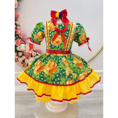 Vestido Infantil Junino Arrraiá Verde Com Estampa Colorida