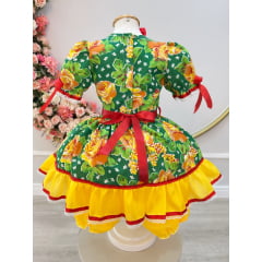 Vestido Infantil Junino Arrraiá Verde Com Estampa Colorida