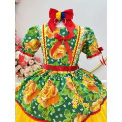 Vestido Infantil Junino Arrraiá Verde Com Estampa Colorida