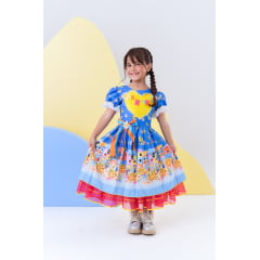 Vestido Infantil Junino Azul Colorido Festa Folia Premium