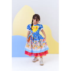 Vestido Infantil Junino Azul Colorido Festa Folia Premium