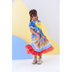 Vestido Infantil Junino Azul Colorido Festa Folia Premium