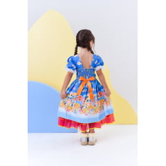 Vestido Infantil Junino Azul Colorido Festa Folia Premium