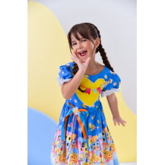 Vestido Infantil Junino Azul Colorido Festa Folia Premium