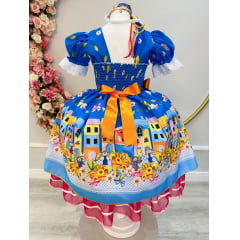 Vestido Infantil Junino Azul Colorido Festa Folia Premium