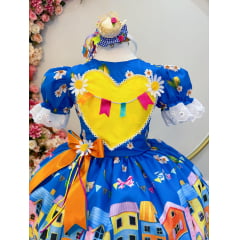 Vestido Infantil Junino Azul Colorido Festa Folia Premium