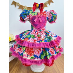 Vestido Infantil Junino Azul Coração Florzinhas Coloridas