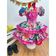 Vestido Infantil Junino Azul Coração Florzinhas Coloridas