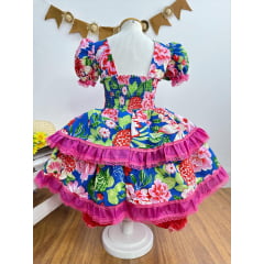Vestido Infantil Junino Azul Coração Florzinhas Coloridas