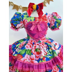 Vestido Infantil Junino Azul Coração Florzinhas Coloridas